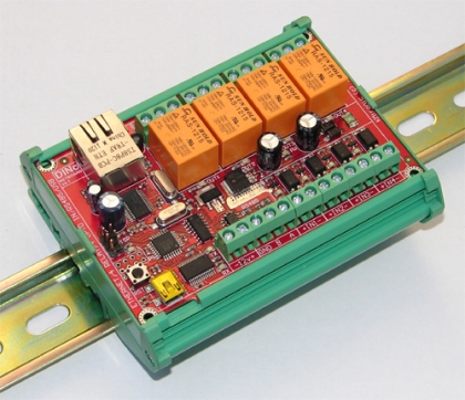 WEB, Internet , Ethernet controlled relay board: Arduino compatible, RS485, USB, Boxed for DIN mount rail